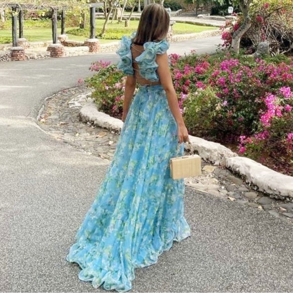 Mac Duggal Dresses & Skirts - Mac Duggal Indy A Line Ruffle Tiered Cut Out Blue Floral Gown 2